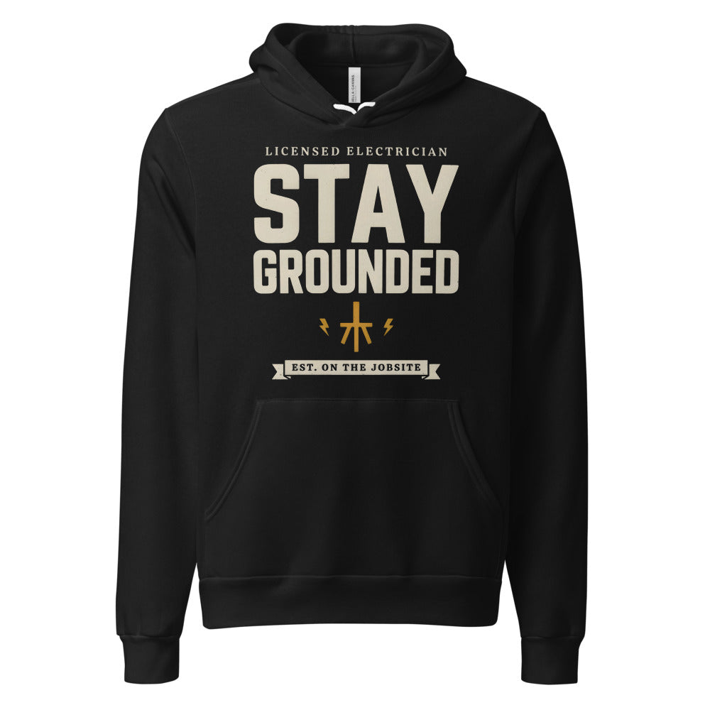 Stay Grounded funny electrician hoodie — Black, front