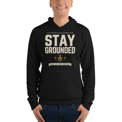 Stay Grounded funny electrician hoodie — Black, on model