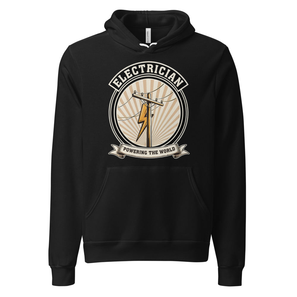 Powering The World electrician emblem hoodie — Black, front