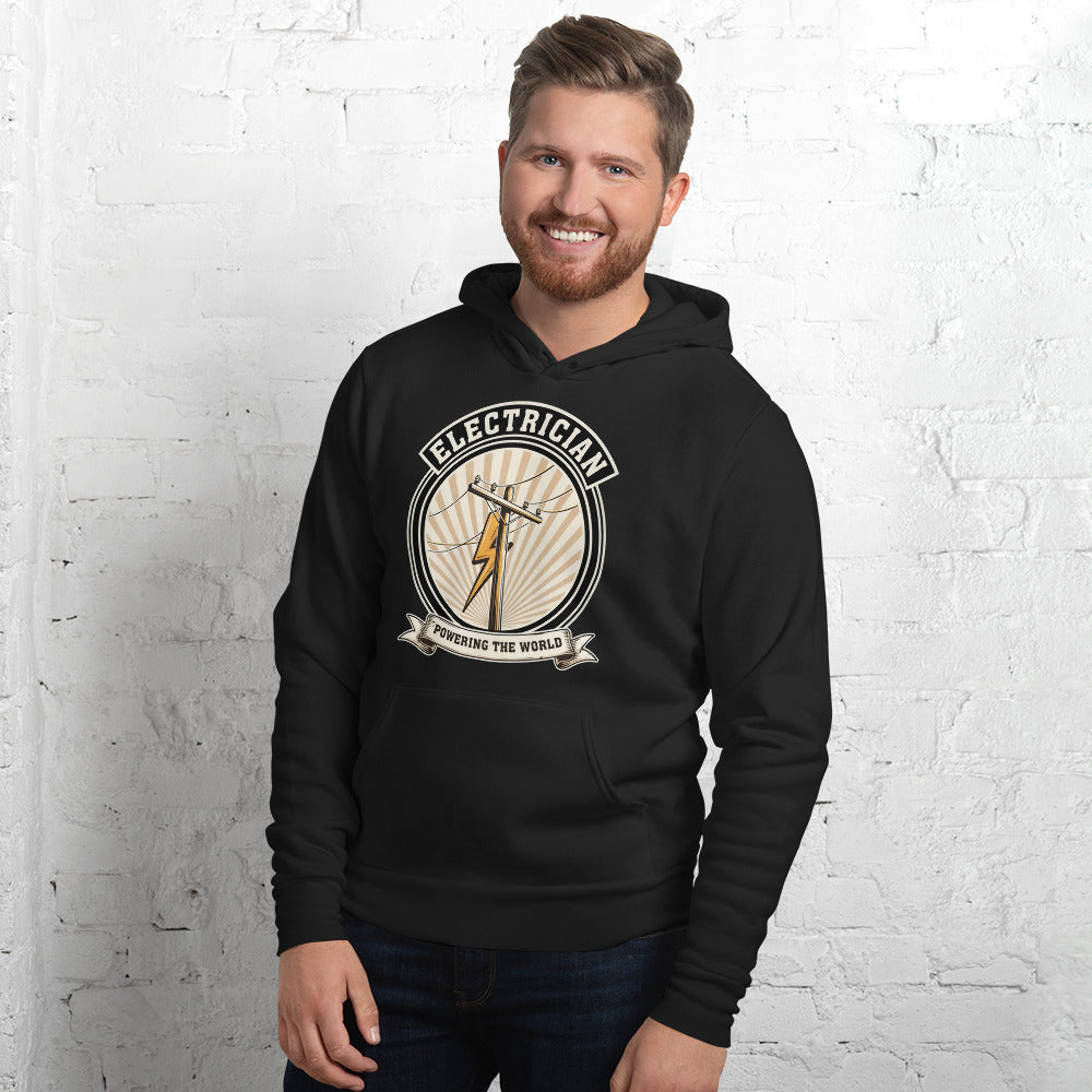 Powering The World electrician emblem hoodie — Black, on model