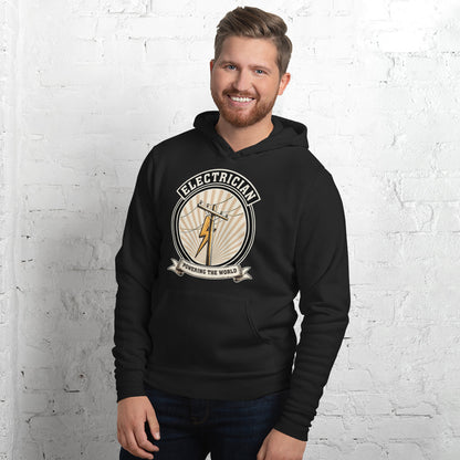 Powering The World electrician emblem hoodie — Black, on model