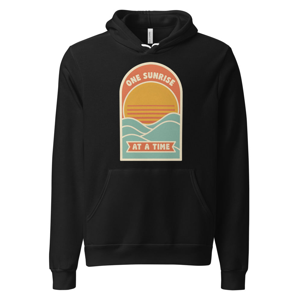 One Sunrise at a Time retro sunrise hoodie — Black, front