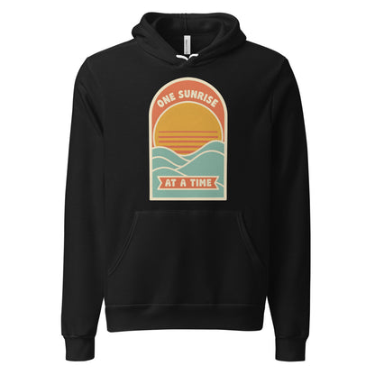 One Sunrise at a Time retro sunrise hoodie — Black, front