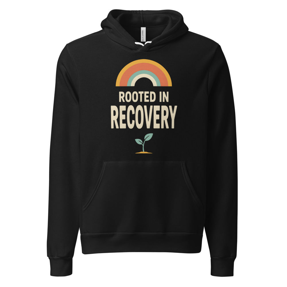 Rooted in Recovery retro rainbow hoodie — Black, front