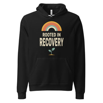 Rooted in Recovery retro rainbow hoodie — Black, front