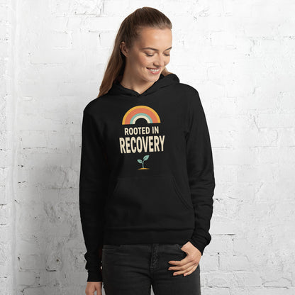 Rooted in Recovery retro rainbow hoodie — Black, on model