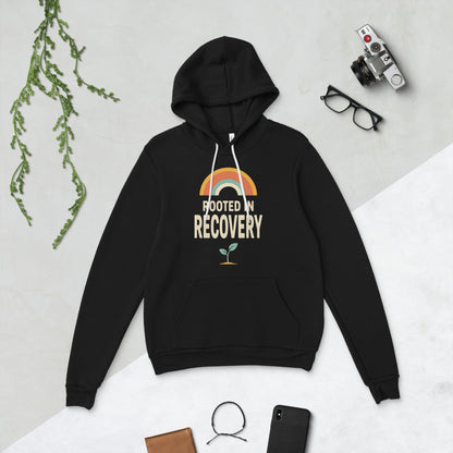 Rooted in Recovery retro rainbow hoodie — Black, flat lay