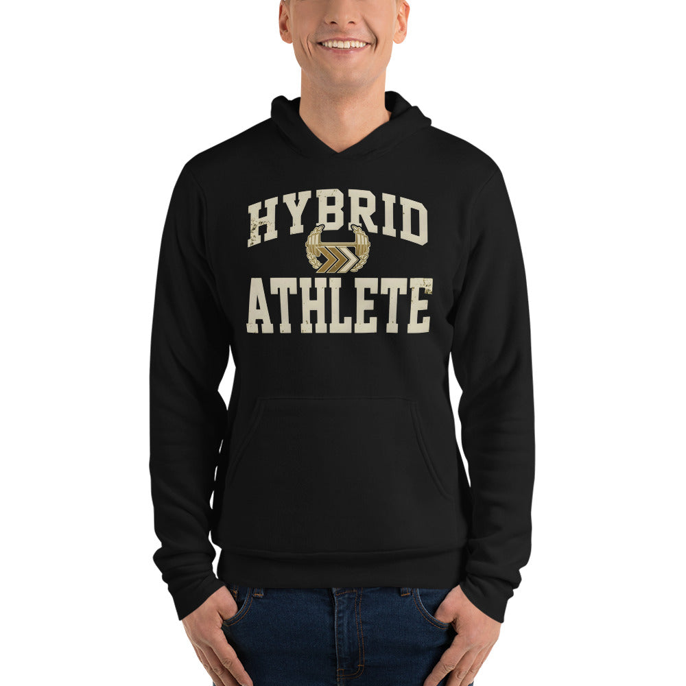 Hybrid Athlete vintage varsity hoodie — Black, on model