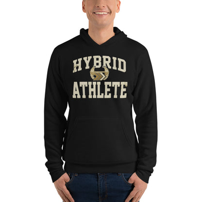 Hybrid Athlete vintage varsity hoodie — Black, on model