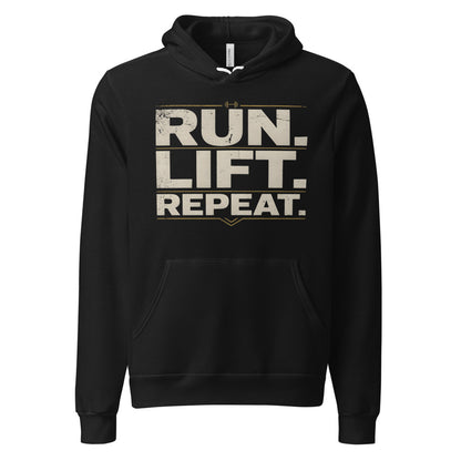 Run Lift Repeat vintage athletic hoodie — Black, front
