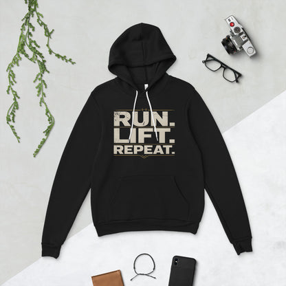 Run Lift Repeat vintage athletic hoodie — Black, flat lay