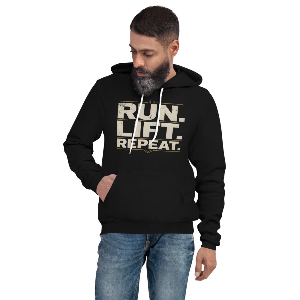 Run Lift Repeat vintage athletic hoodie — Black, on model