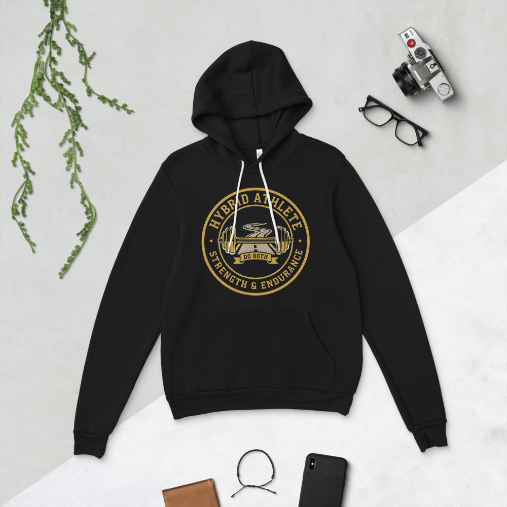 Hybrid Athlete vintage athletic-department crest hoodie — Black, flat lay