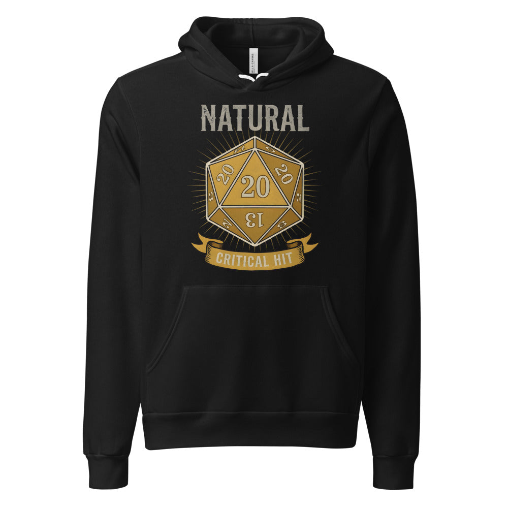 Natural 20 critical hit d20 tabletop RPG hoodie — Black, front