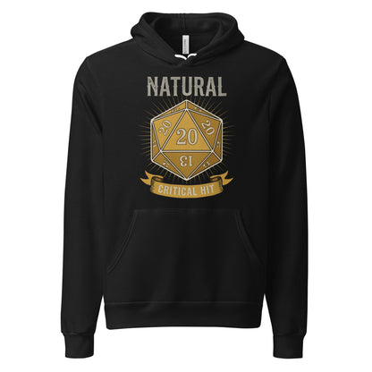 Natural 20 critical hit d20 tabletop RPG hoodie — Black, front
