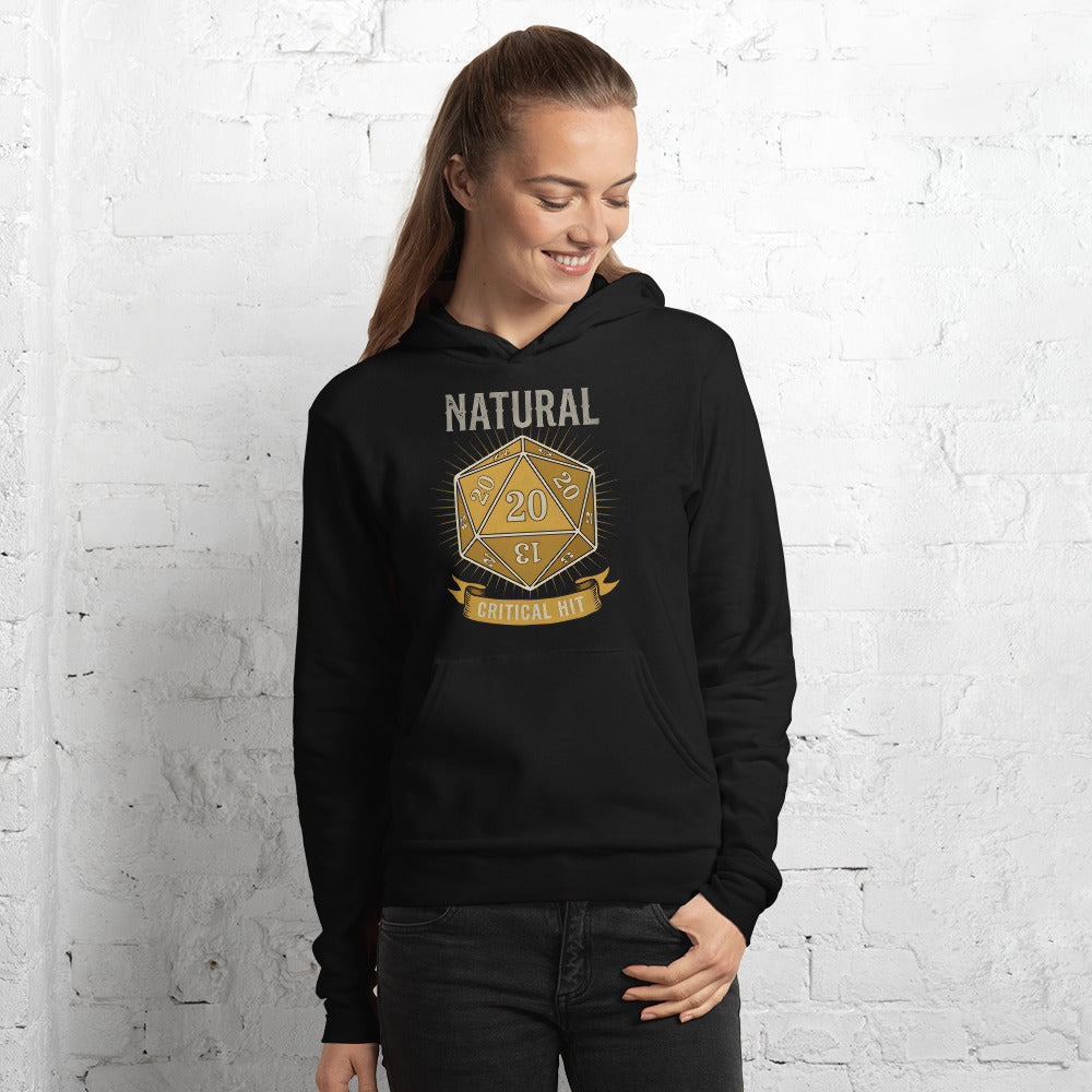 Natural 20 critical hit d20 tabletop RPG hoodie — Black, on model