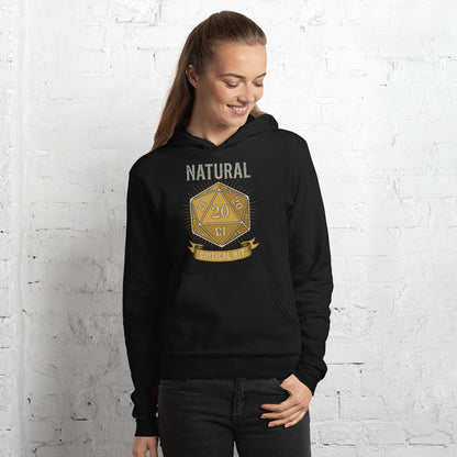 Natural 20 critical hit d20 tabletop RPG hoodie — Black, on model