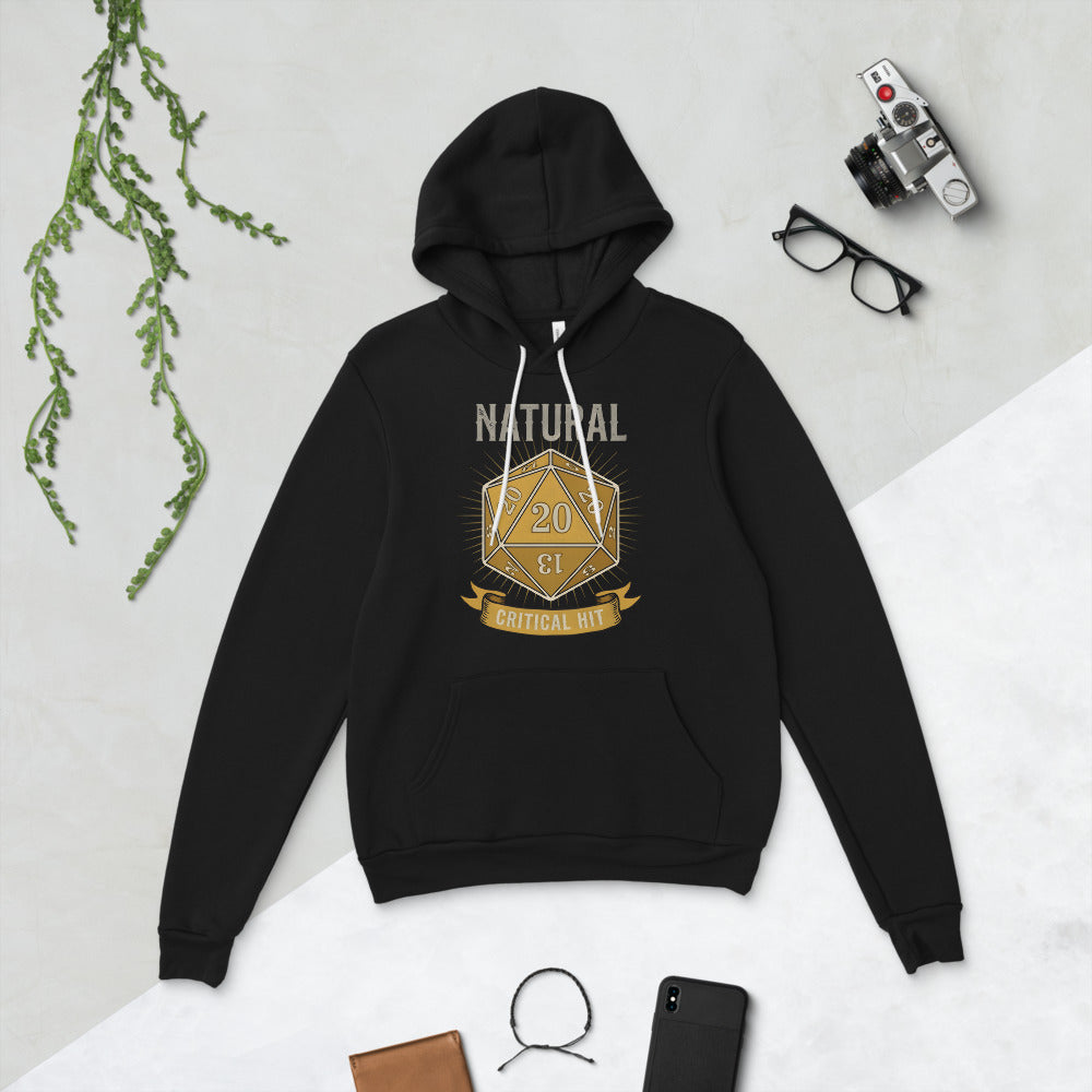 Natural 20 critical hit d20 tabletop RPG hoodie — Black, flat lay