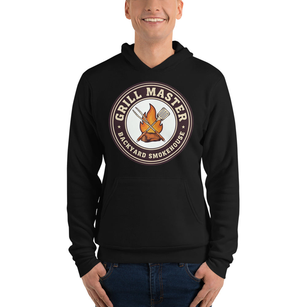 Grill Master retro backyard smokehouse hoodie — Black, on model