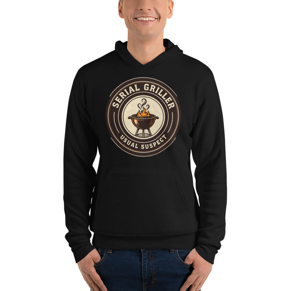 Serial Griller funny BBQ hoodie — Black, on model