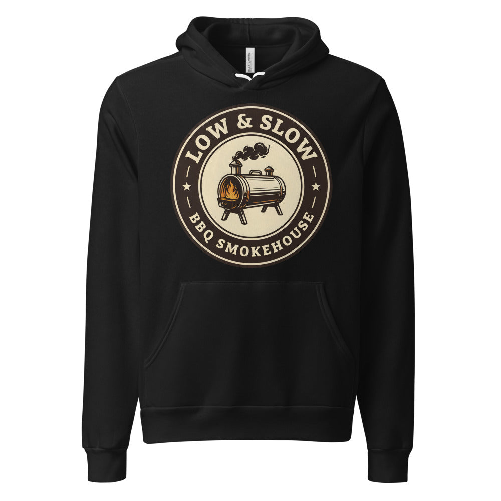 Low & Slow BBQ smoker hoodie — Black, front