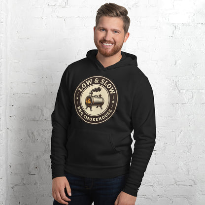 Low & Slow BBQ smoker hoodie — Black, on model