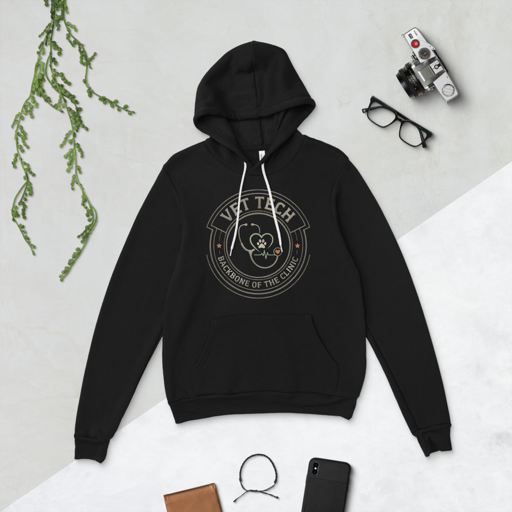 Vet Tech Crest retro veterinary technician hoodie — Black, flat lay