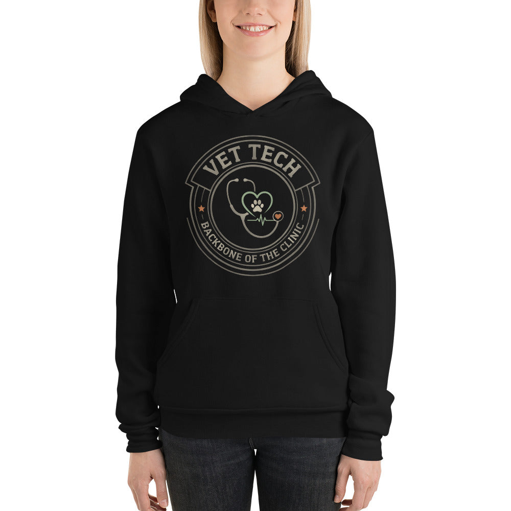Vet Tech Crest retro veterinary technician hoodie — Black, on model