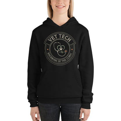 Vet Tech Crest retro veterinary technician hoodie — Black, on model