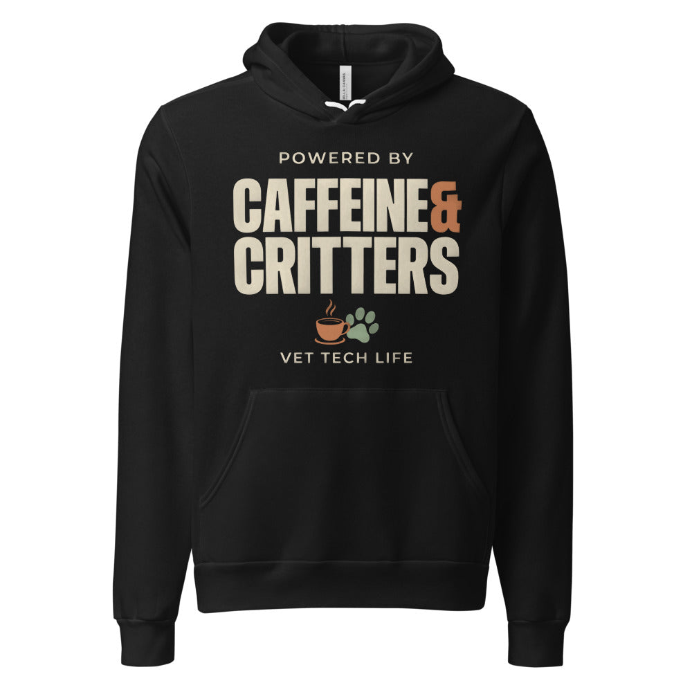 Powered by Caffeine & Critters funny vet tech hoodie — Black, front