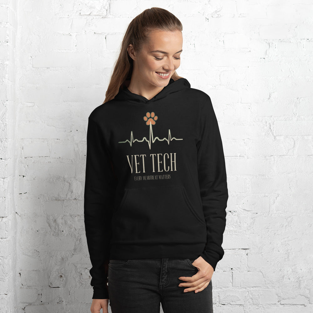 Every Heartbeat Matters minimalist vet tech hoodie — Black, on model