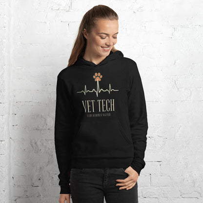 Every Heartbeat Matters minimalist vet tech hoodie — Black, on model