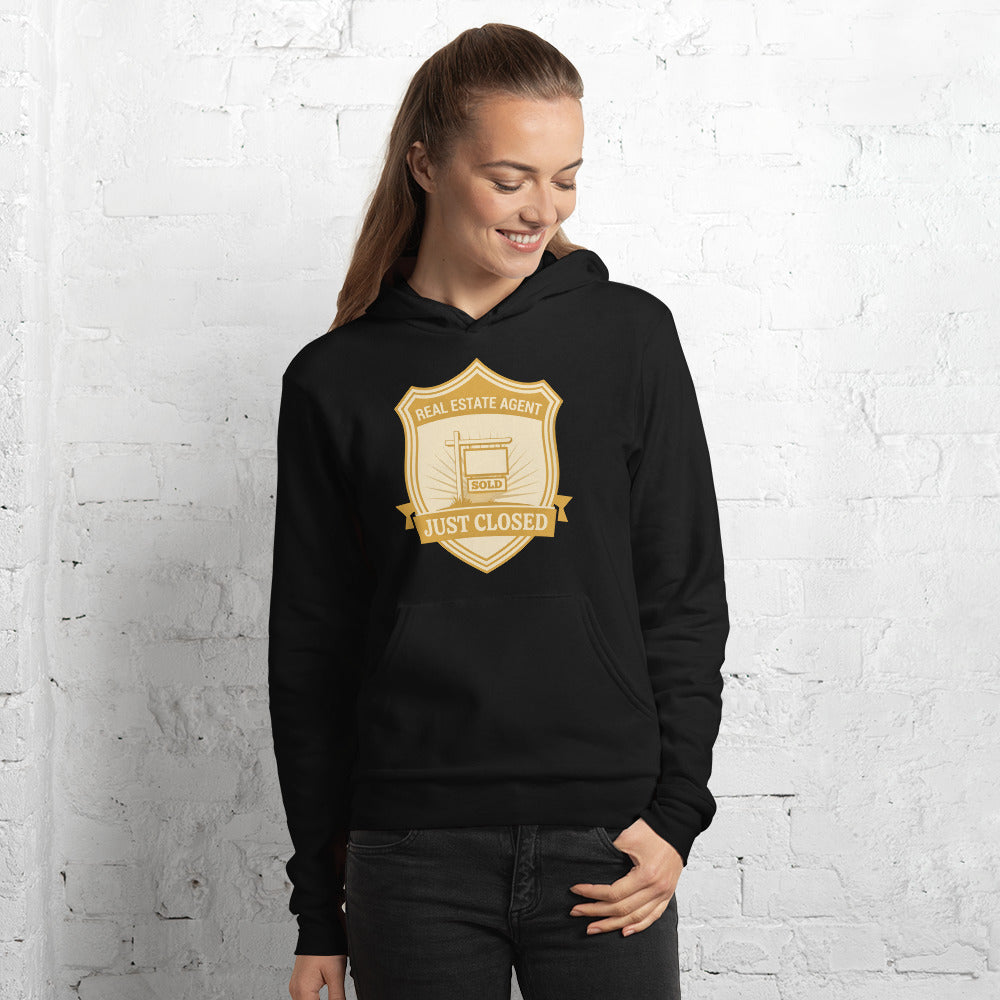 Just Closed real estate agent hoodie — Black, on model