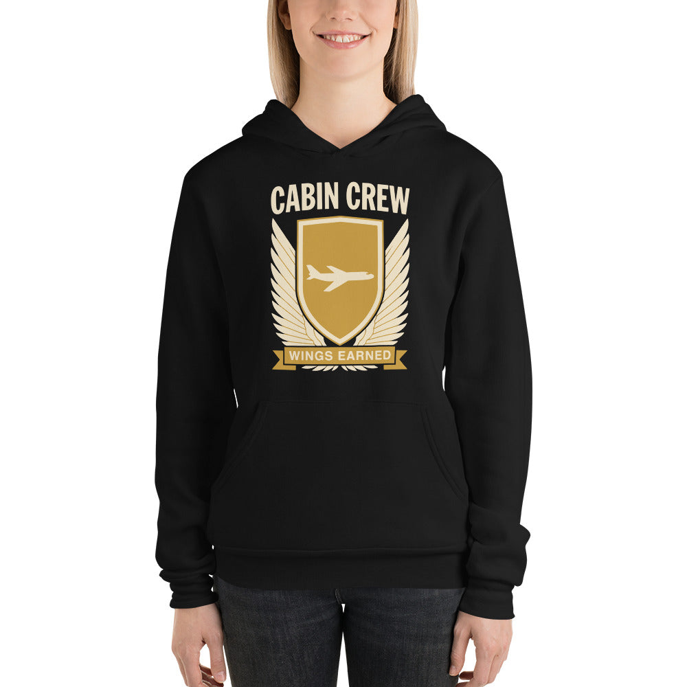 Wings Earned flight attendant hoodie — Black, on model