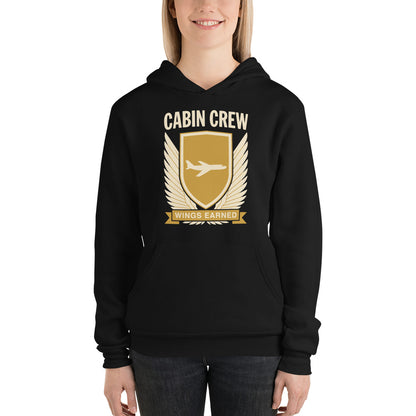 Wings Earned flight attendant hoodie — Black, on model