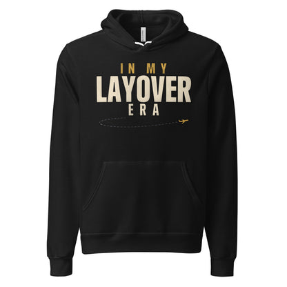 In My Layover Era flight attendant hoodie — Black, front