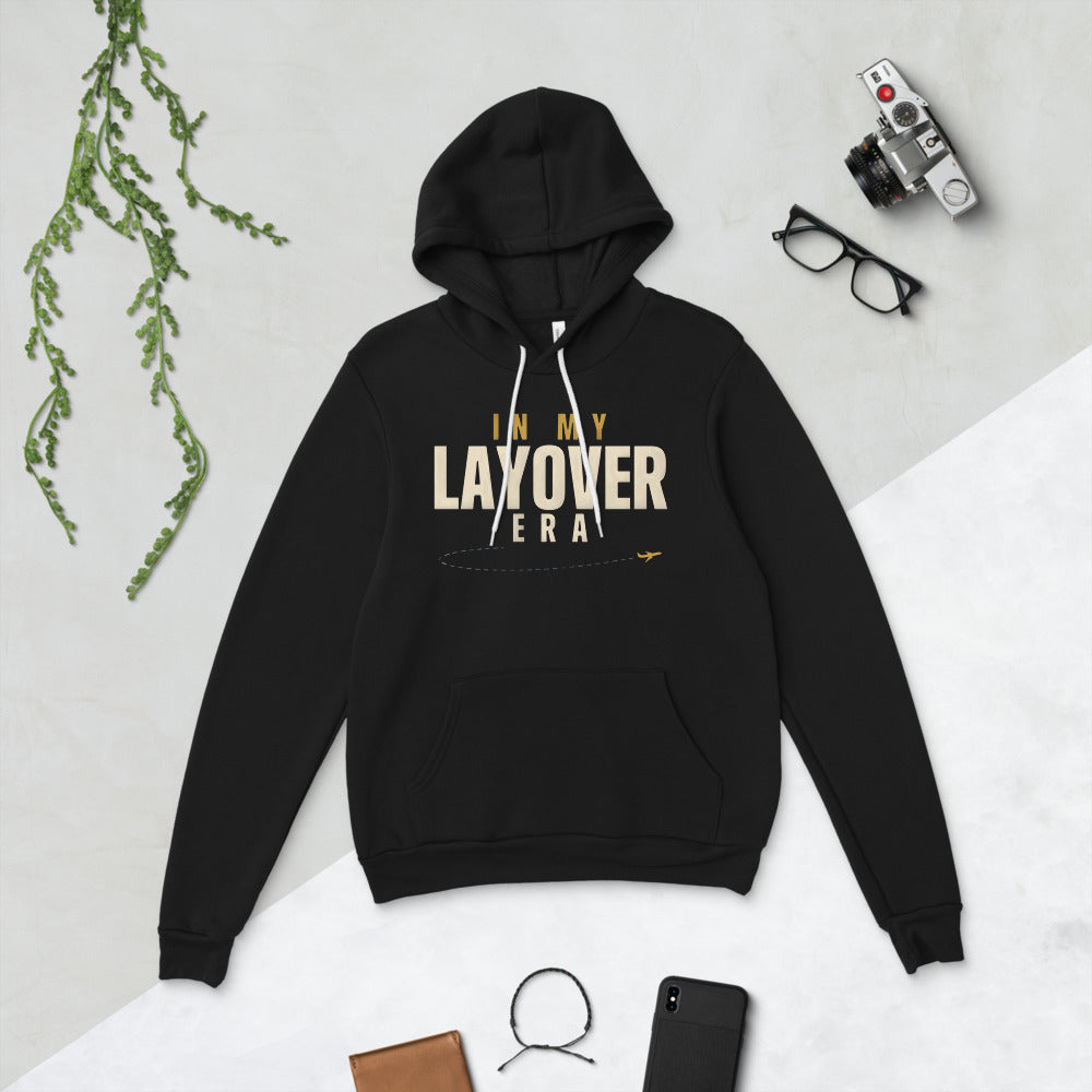 In My Layover Era flight attendant hoodie — Black, flat lay