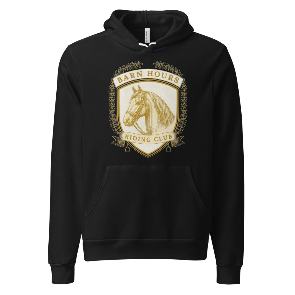 Barn Hours Riding Club vintage equestrian stable crest hoodie — Black, front