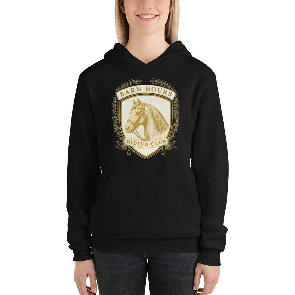 Barn Hours Riding Club vintage equestrian stable crest hoodie — Black, on model