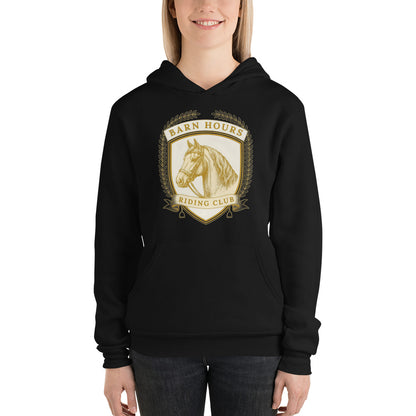 Barn Hours Riding Club vintage equestrian stable crest hoodie — Black, on model