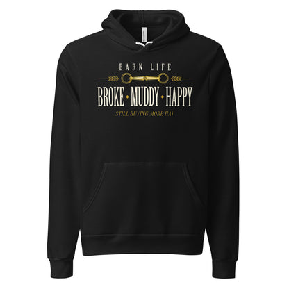 Broke Muddy Happy funny barn life equestrian hoodie — Black, front
