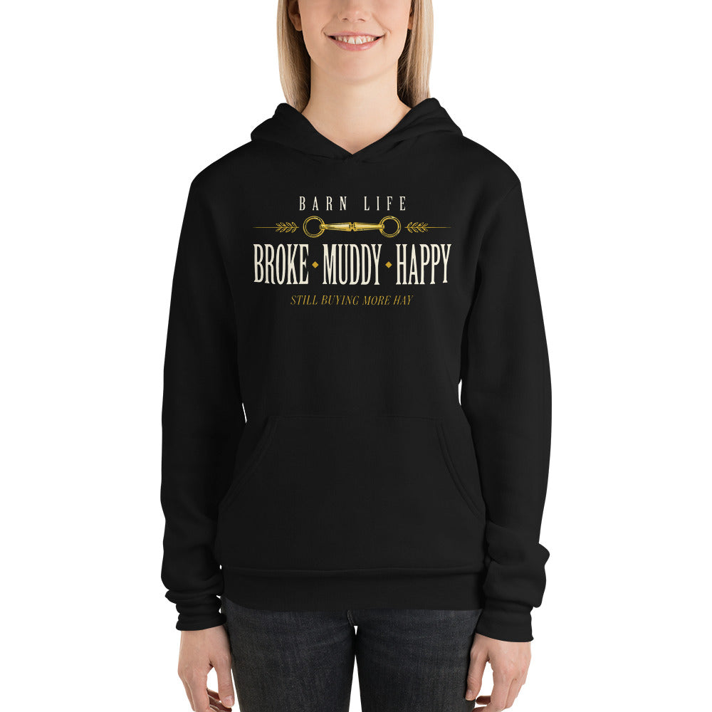 Broke Muddy Happy funny barn life equestrian hoodie — Black, on model
