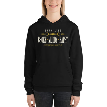 Broke Muddy Happy funny barn life equestrian hoodie — Black, on model