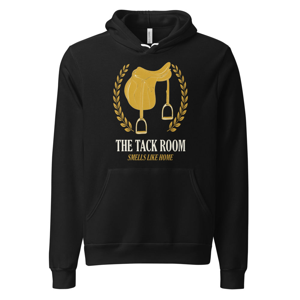 The Tack Room engraved equestrian saddle crest hoodie — Black, front