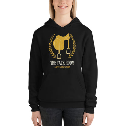 The Tack Room engraved equestrian saddle crest hoodie — Black, on model