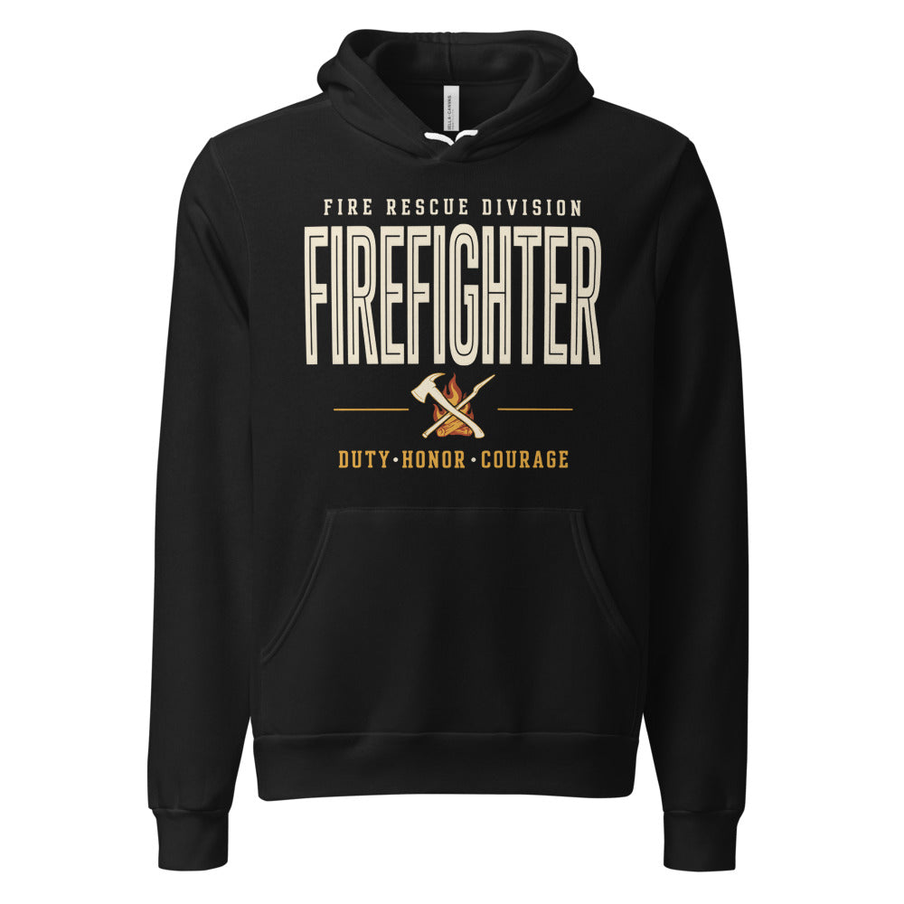 Firefighter collegiate wordmark retro fire-rescue hoodie — Black, front