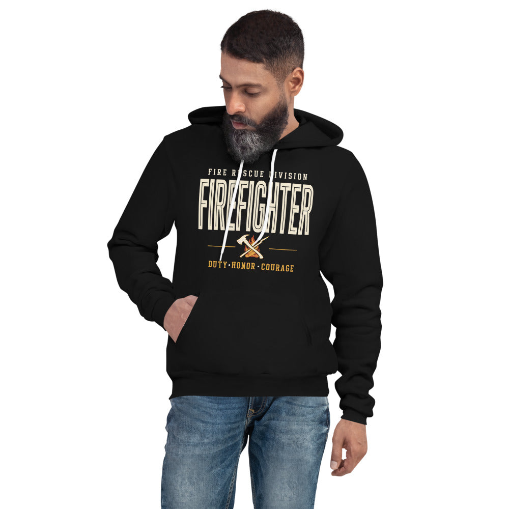 Firefighter collegiate wordmark retro fire-rescue hoodie — Black, on model