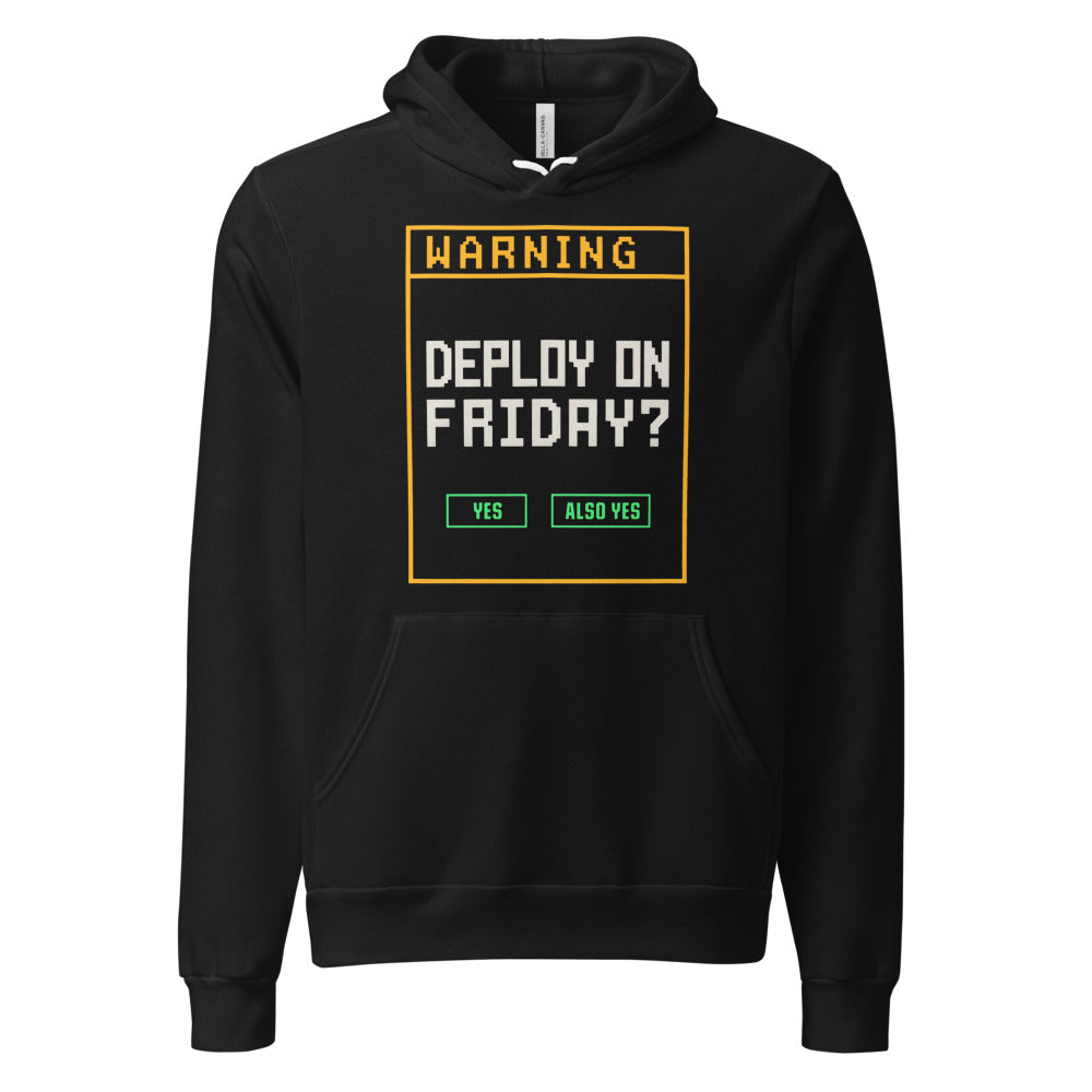 Deploy On Friday programmer hoodie — Black, front