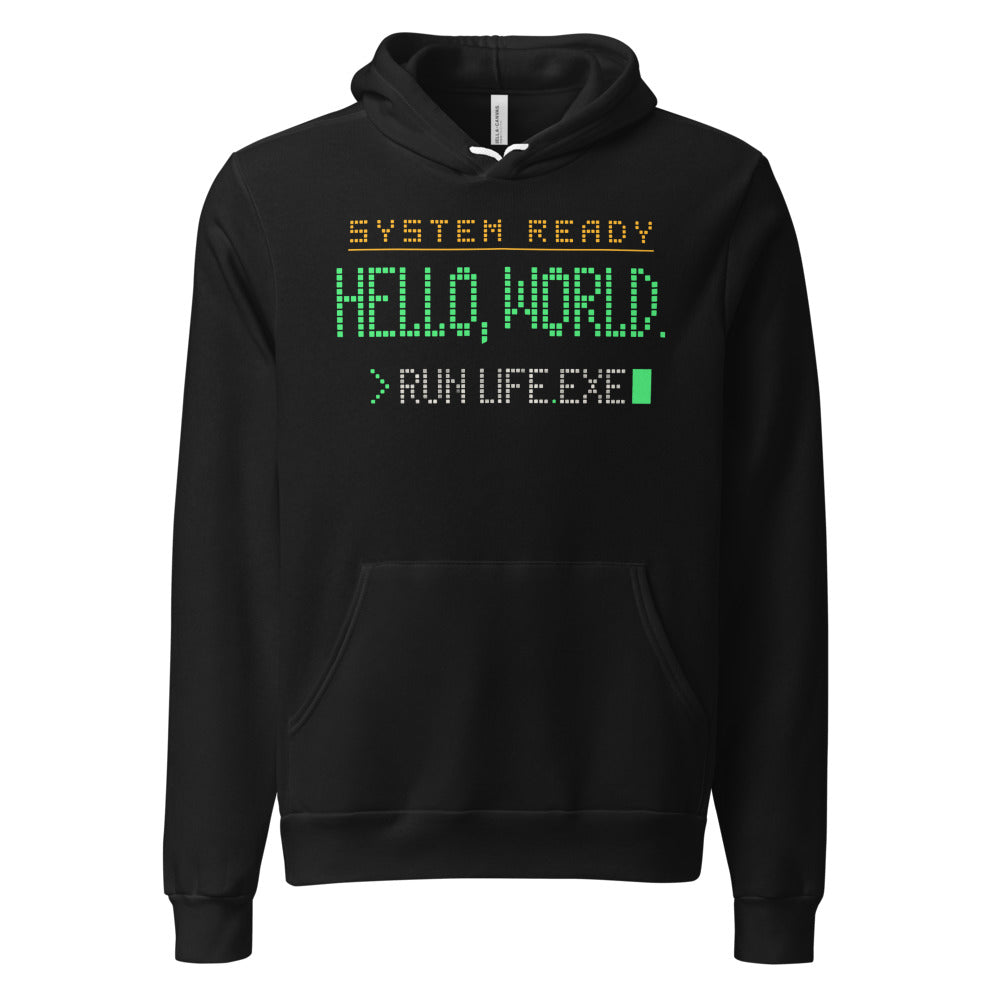 Hello World retro boot screen programmer hoodie — Black, front