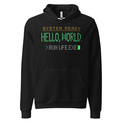 Hello World retro boot screen programmer hoodie — Black, front